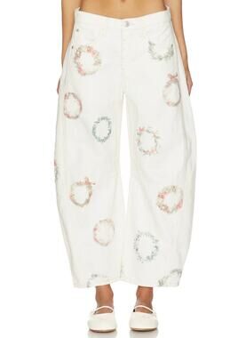 We The Free Good Luck Printed Barrel Jeans | "Wreath Watercolor" | Size 30
